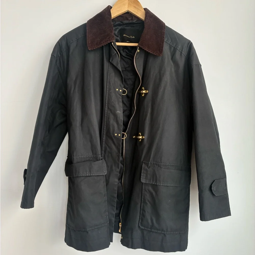 Massimo Dutti Black Utility Trench Field Jacket with Brown Corduroy Collar - Picture 1 of 5